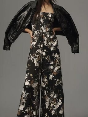 Anthropologie Boho Black Floral Wide-Leg Jumpsuit w/removable Straps 1X